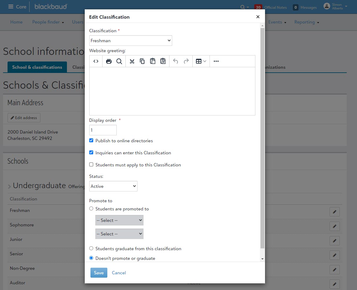 The Edit Classification screen, where you can select which classification students are promoted to.